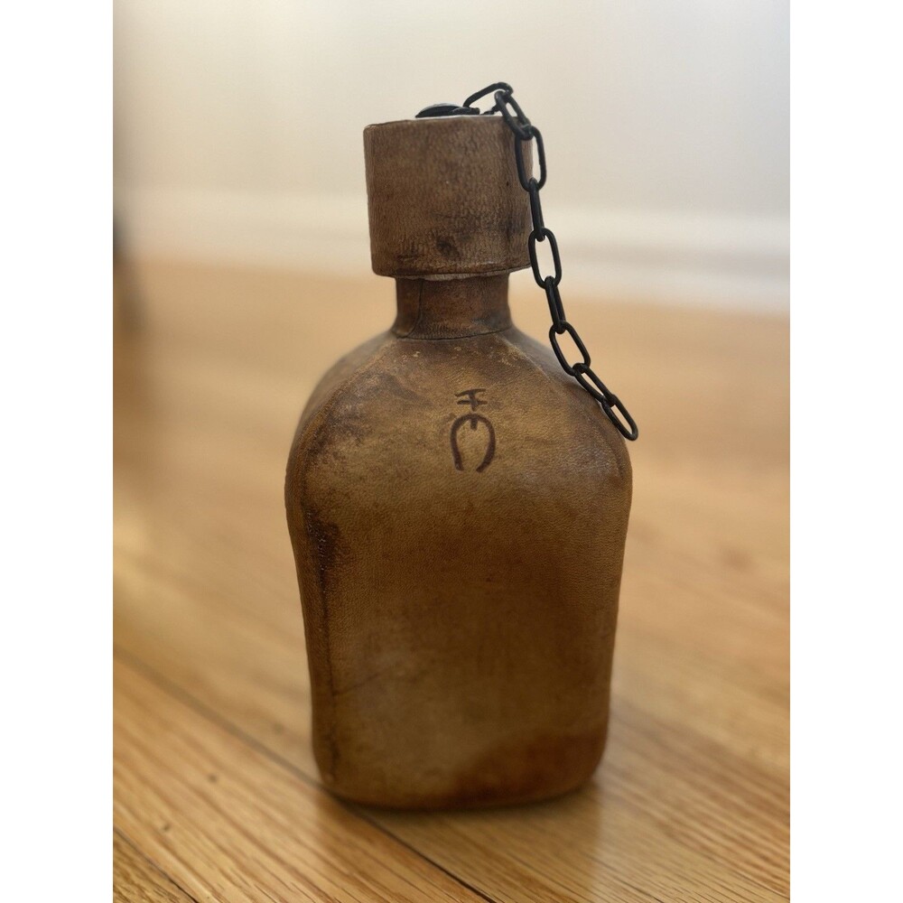 Glass Decanter Bottle Tooled Leather Wrapped with Cap & Chain Vintage